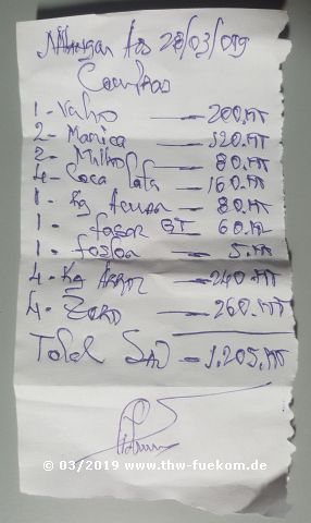 Beleg in Sachen Lebensmittel für die Zeremonie am folgenden Tag