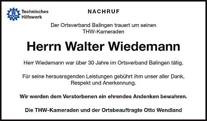 Walter Wiedemann, eine THW Flamme ist erloschen